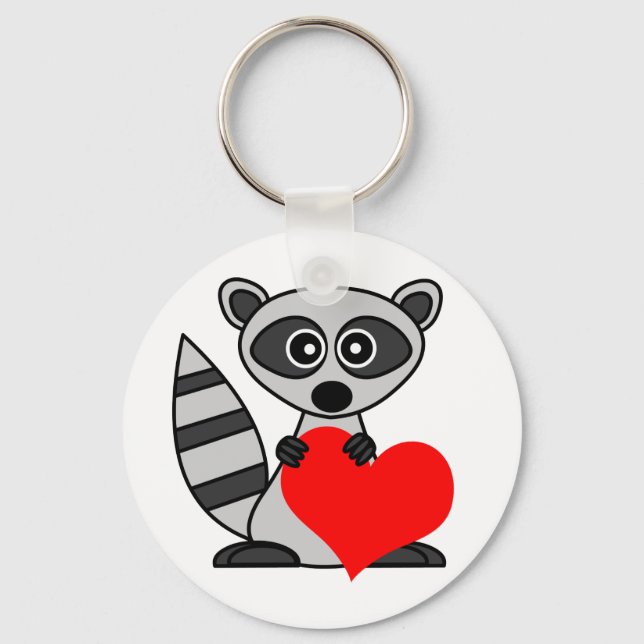Cute Cartoon Raccoon Holding Heart Keychain (Front)