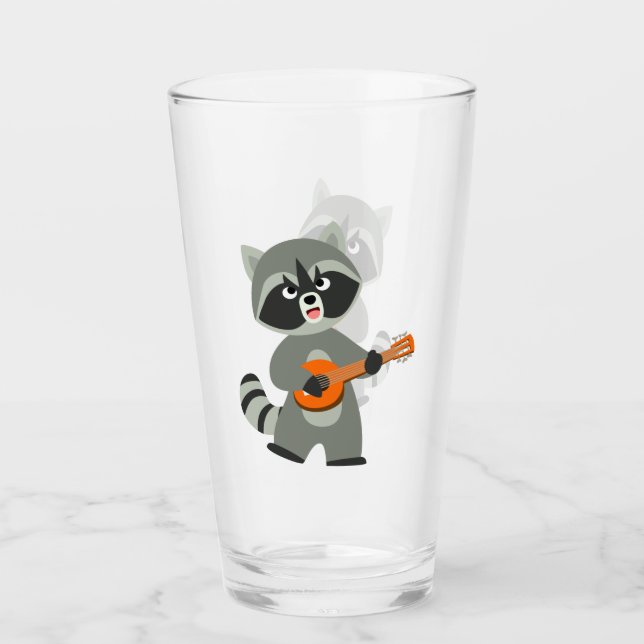 Cute Cartoon Raccoon Playing Banjo Glass Tumbler (Front)