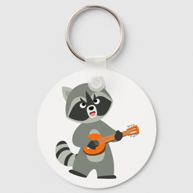 Cute Cartoon Raccoon Playing Banjo Keychain (Front)