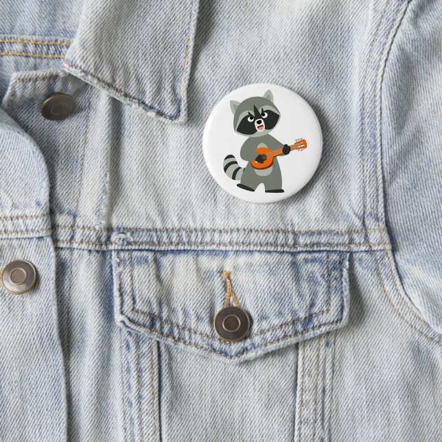 Cute Cartoon Raccoon Playing Banjo Pinback Button (In Situ)