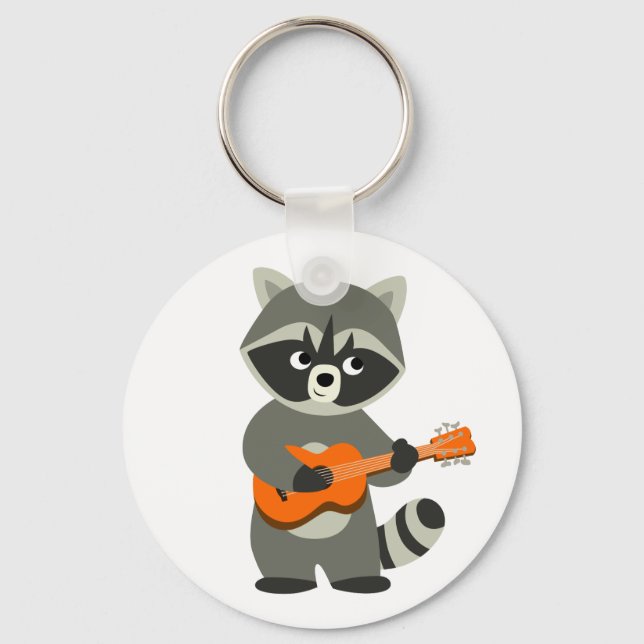 Cute Cartoon Raccoon Playing Guitar Keychain (Front)