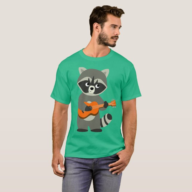 Cute Cartoon Raccoon Playing Guitar T-Shirt (Front Full)