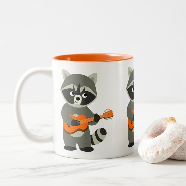 Cute Cartoon Raccoon Playing Guitar Two-Tone Coffee Mug (With Donut)