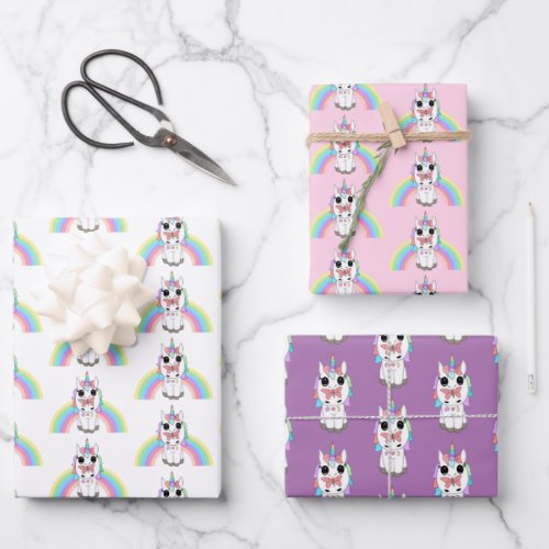 Cute Cartoon Rainbow Unicorn and Butterfly Birthda Wrapping Paper Sheets
