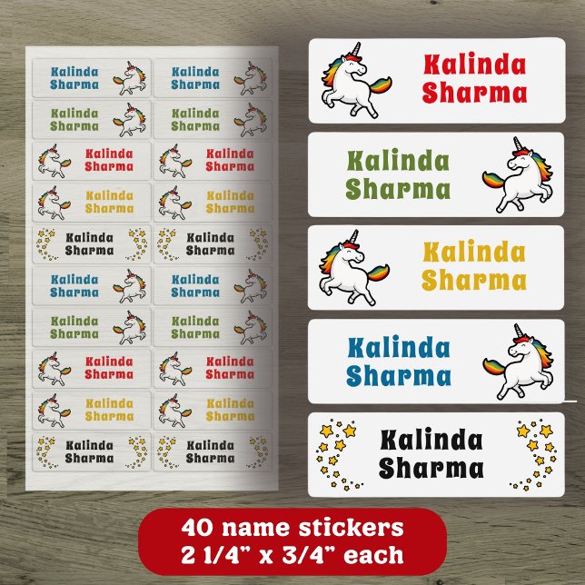 Cute Cartoon Rainbow Unicorn Dancing School Name Labels (Creator Uploaded)