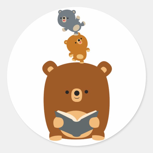 Cute Cartoon Reading Bear and Cubs Sticker (Front)