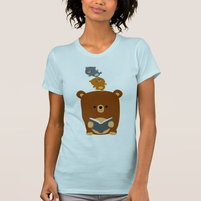 Cute Cartoon Reading Bear and Cubs Women T-Shirt (Front)