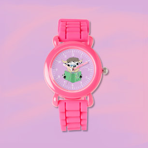 Cute Cartoon Reading Cow Girl Pink Watch