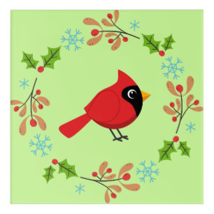 Cute Cartoon Red Cardinal with Flowers Acrylic Print