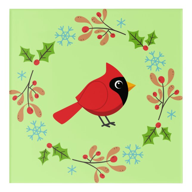 Cute Cartoon Red Cardinal with Flowers Acrylic Print (Front)