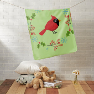Cute Cartoon Red Cardinal with Flowers Baby Blanket