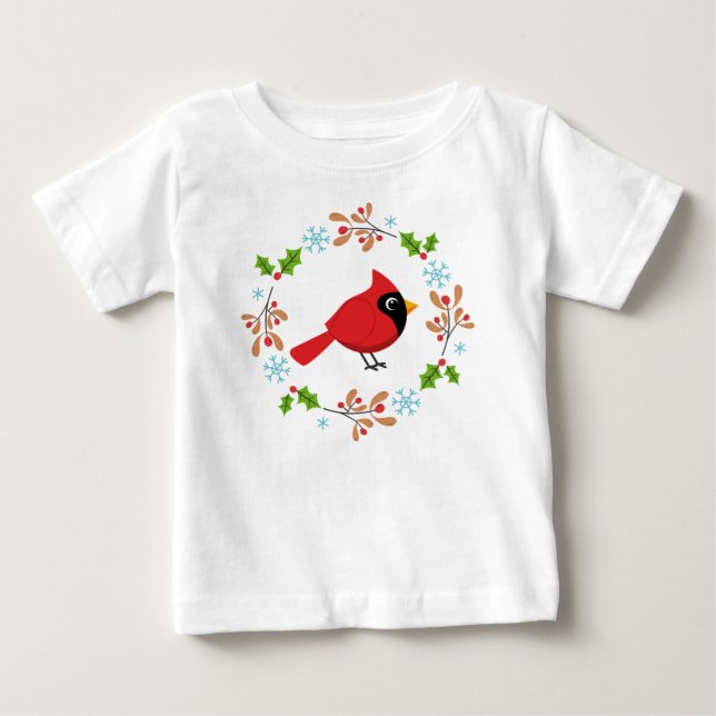 Cute Cartoon Red Cardinal with Flowers Baby T-Shirt (Front)