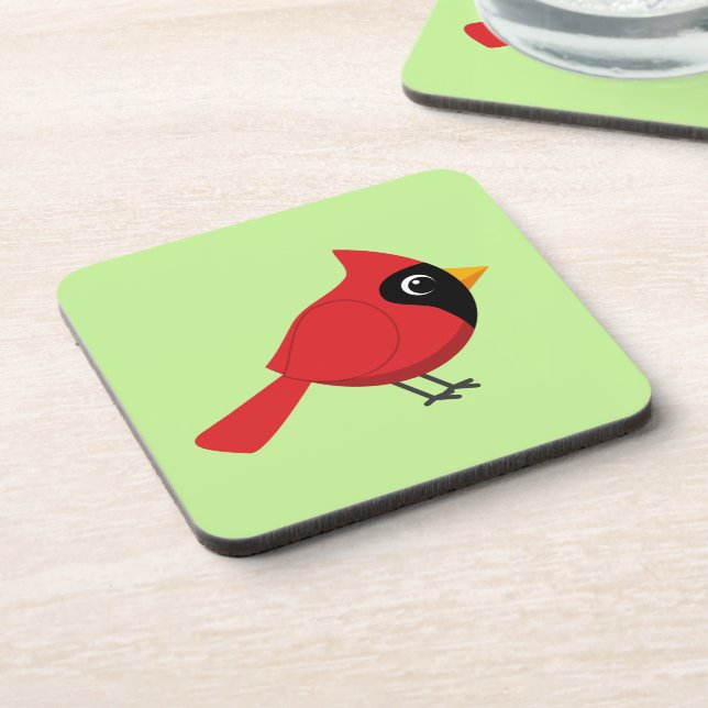 Cute Cartoon Red Cardinal with Flowers Beverage Coaster (Left Side)