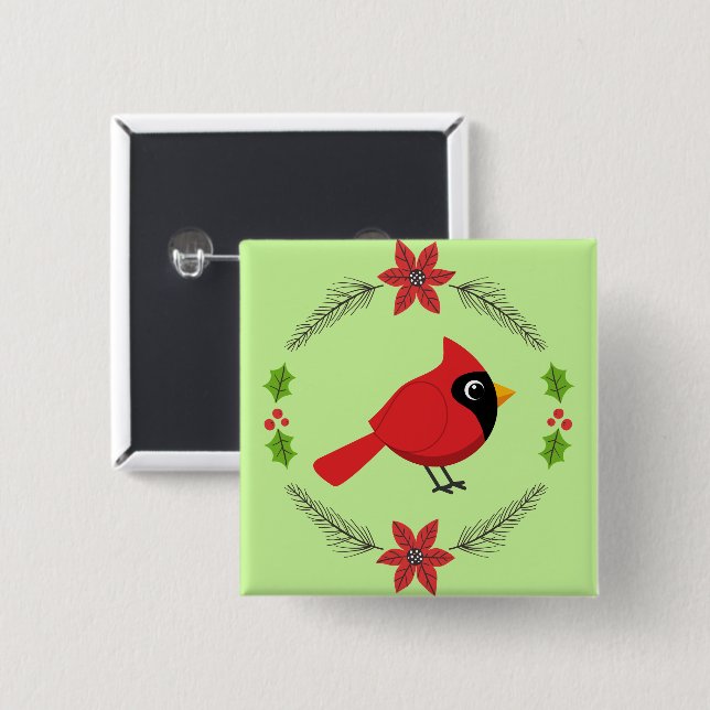 Cute Cartoon Red Cardinal with Flowers Button (Front & Back)