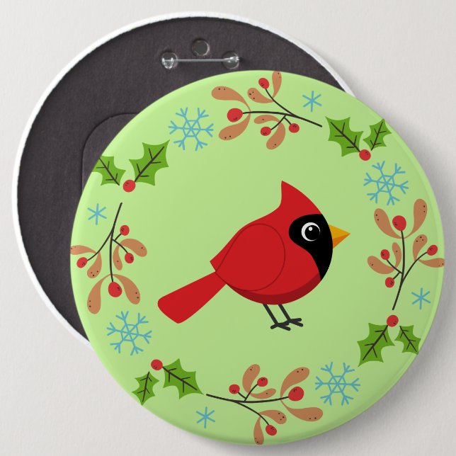 Cute Cartoon Red Cardinal with Flowers Button (Front & Back)