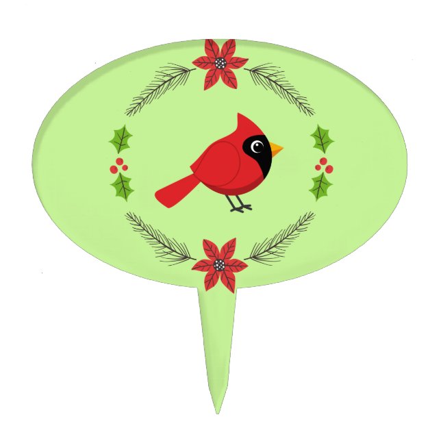 Cute Cartoon Red Cardinal with Flowers Cake Topper (Front)