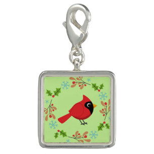 Cute Cartoon Red Cardinal with Flowers Charm