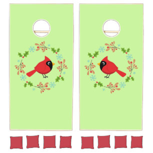 Cute Cartoon Red Cardinal with Flowers Cornhole Set