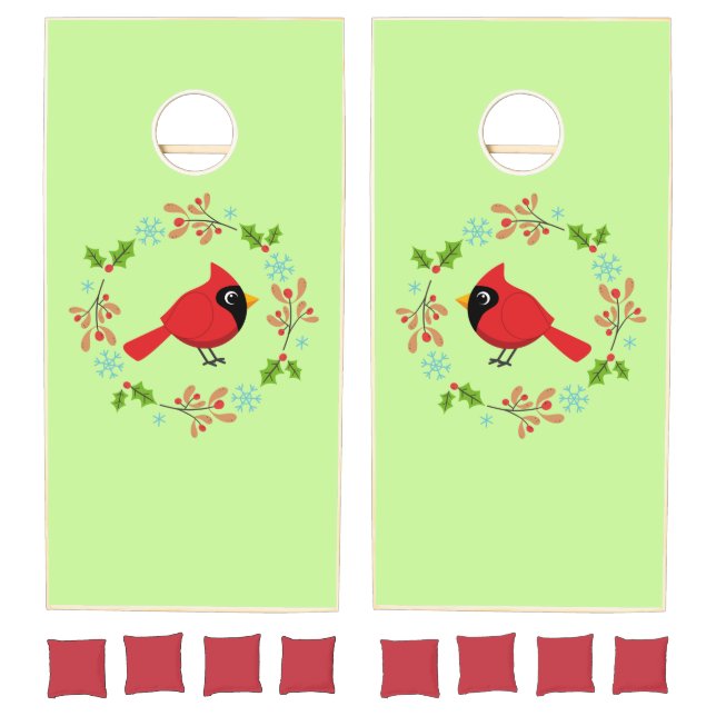 Cute Cartoon Red Cardinal with Flowers Cornhole Set (Set)