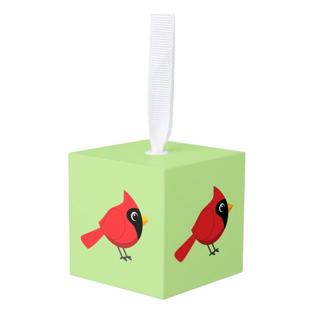 Cute Cartoon Red Cardinal with Flowers Cube Ornament (Front Angled)