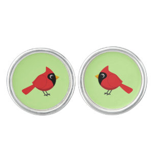 Cute Cartoon Red Cardinal with Flowers Cufflinks