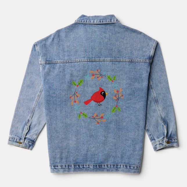 Cute Cartoon Red Cardinal with Flowers Denim Jacket (Back)