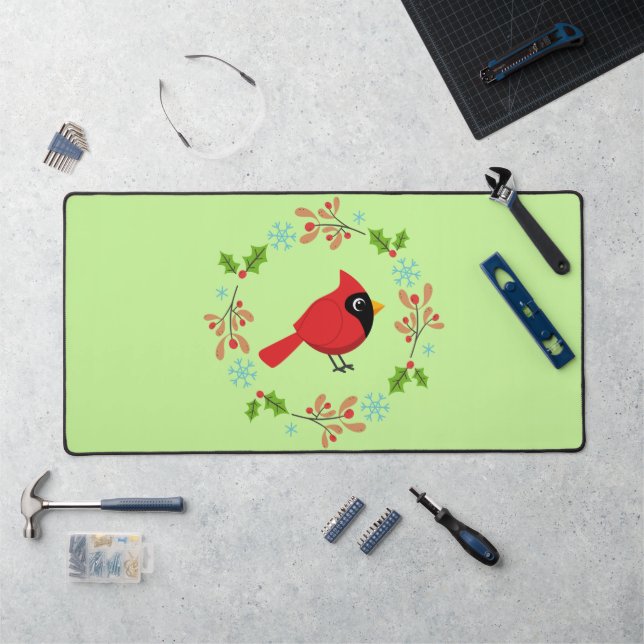 Cute Cartoon Red Cardinal with Flowers Desk Mat (Workstation)