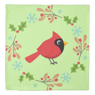 Cute Cartoon Red Cardinal with Flowers Duvet Cover