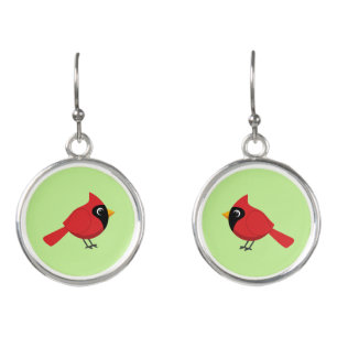 Cute Cartoon Red Cardinal with Flowers Earrings
