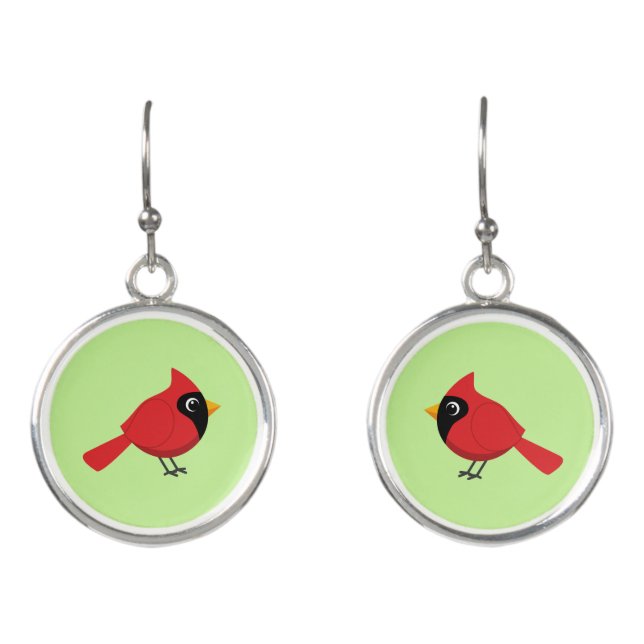 Cute Cartoon Red Cardinal with Flowers Earrings (Front)