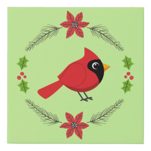 Cute Cartoon Red Cardinal with Flowers Faux Canvas Print