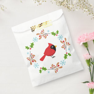 Cute Cartoon Red Cardinal with Flowers Favor Bag