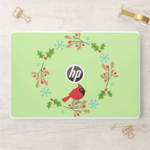 Cute Cartoon Red Cardinal with Flowers HP Laptop Skin