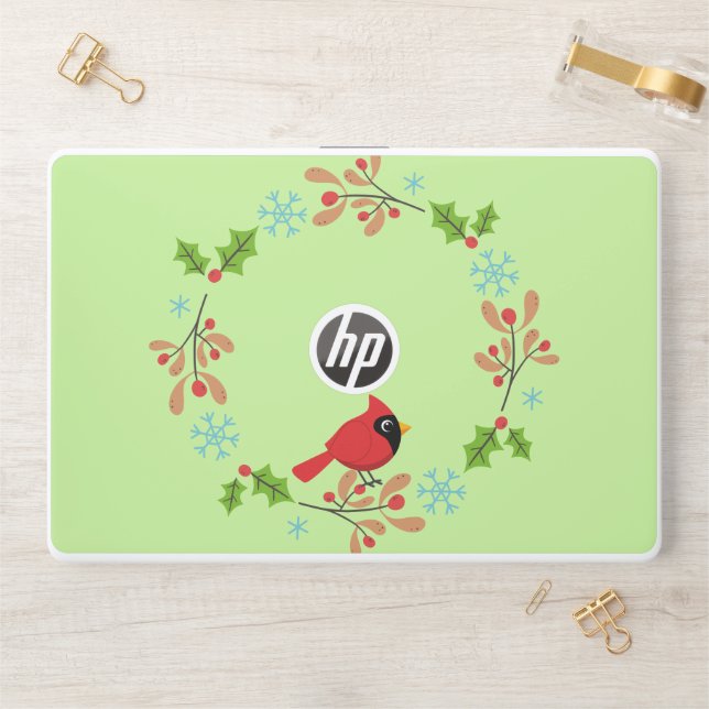 Cute Cartoon Red Cardinal with Flowers HP Laptop Skin (Desk)