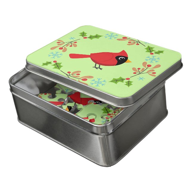 Cute Cartoon Red Cardinal with Flowers Jigsaw Puzzle (Lid Open)