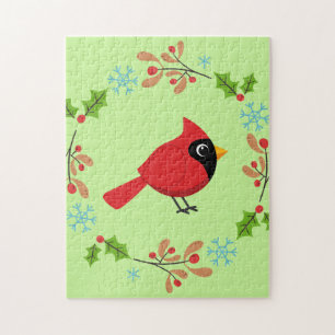 Cute Cartoon Red Cardinal with Flowers Jigsaw Puzzle