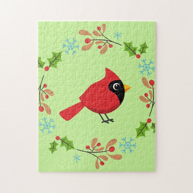 Cute Cartoon Red Cardinal with Flowers Jigsaw Puzzle (Vertical)