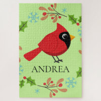 Cute Cartoon Red Cardinal with Flowers