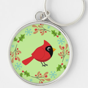 Cute Cartoon Red Cardinal with Flowers Keychain