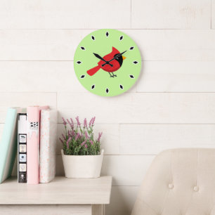 Cute Cartoon Red Cardinal with Flowers Large Clock