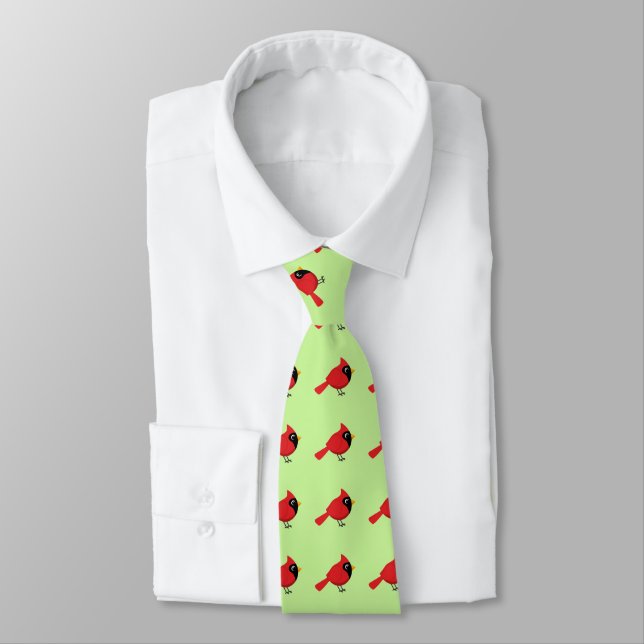 Cute Cartoon Red Cardinal with Flowers Neck Tie (Tied)