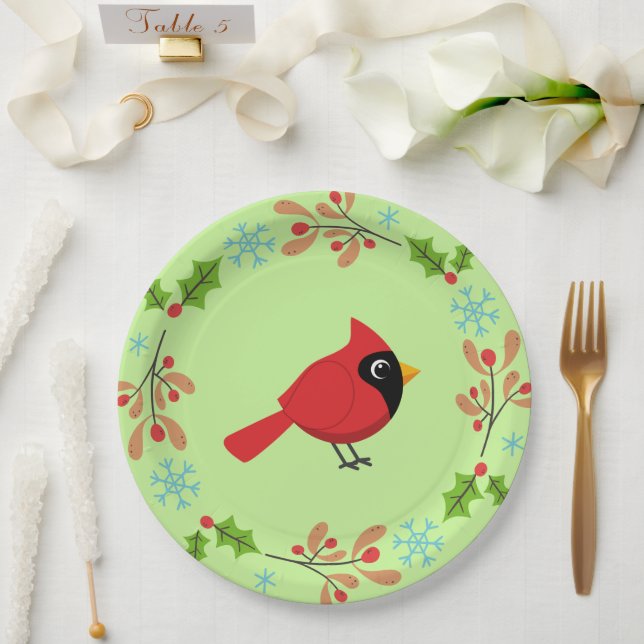 Cute Cartoon Red Cardinal with Flowers Paper Plates (Wedding)