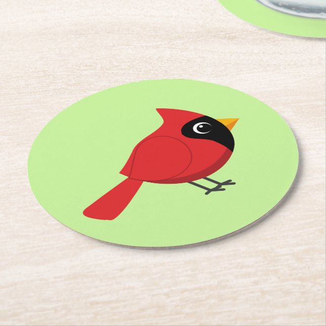 Cute Cartoon Red Cardinal with Flowers Round Paper Coaster (Angled)
