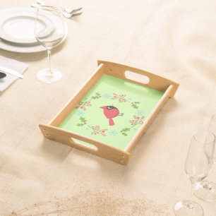 Cute Cartoon Red Cardinal with Flowers Serving Tray