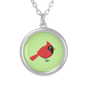 Cute Cartoon Red Cardinal with Flowers Silver Plated Necklace