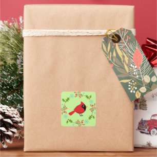 Cute Cartoon Red Cardinal with Flowers Square Sticker