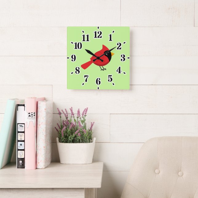 Cute Cartoon Red Cardinal with Flowers Square Wall Clock (Reading Room)