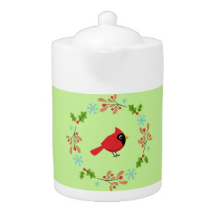 Cute Cartoon Red Cardinal with Flowers Teapot