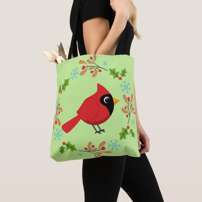 Cute Cartoon Red Cardinal with Flowers Tote Bag (Close Up)