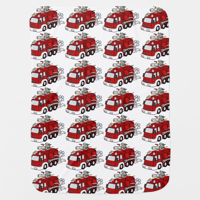 Cute Cartoon Red Fire Truck Engine and Fireman Boy Baby Blanket (Front)